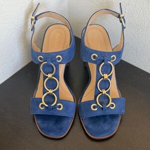 Nurture by Lamaze Bright Blue Suede T-Strap Sandals with Gold Rings.